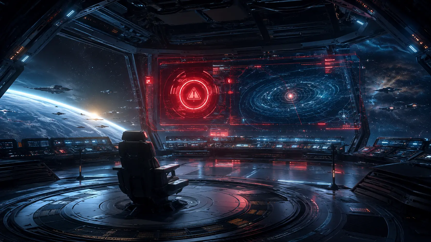Sala de comando espacial com alerta vermelho indicando falha no pagamento de soberania em B-R5RB