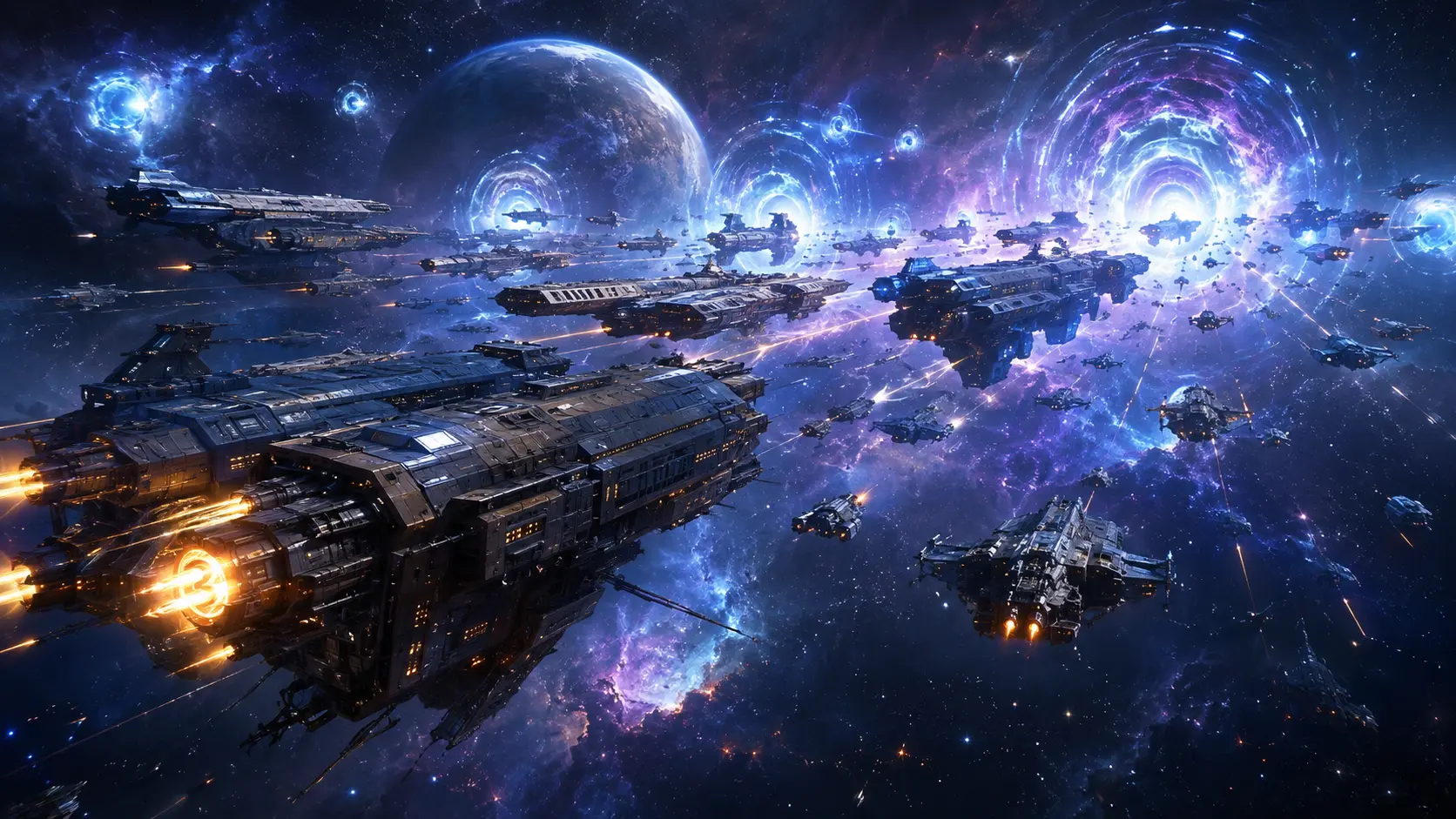 Frota de Titans e naves capitais chegando pelos portais de salto para a Batalha de B-R5RB