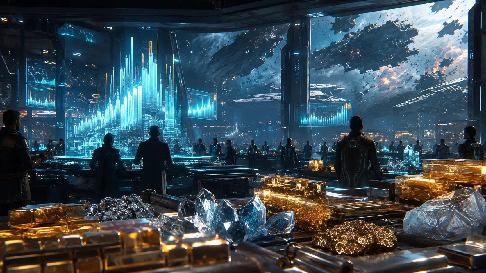 Mercado espacial com gráficos holográficos e minerais representando o impacto econômico da Batalha de B-R5RB